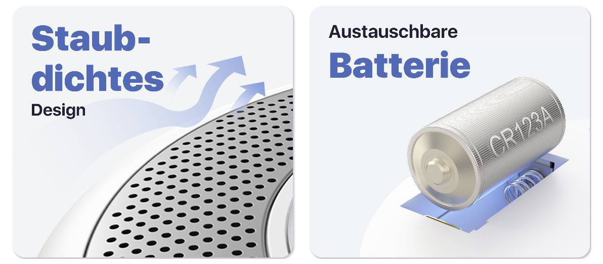 Staubdichtes Design und austauschbare CR123A Batterie.