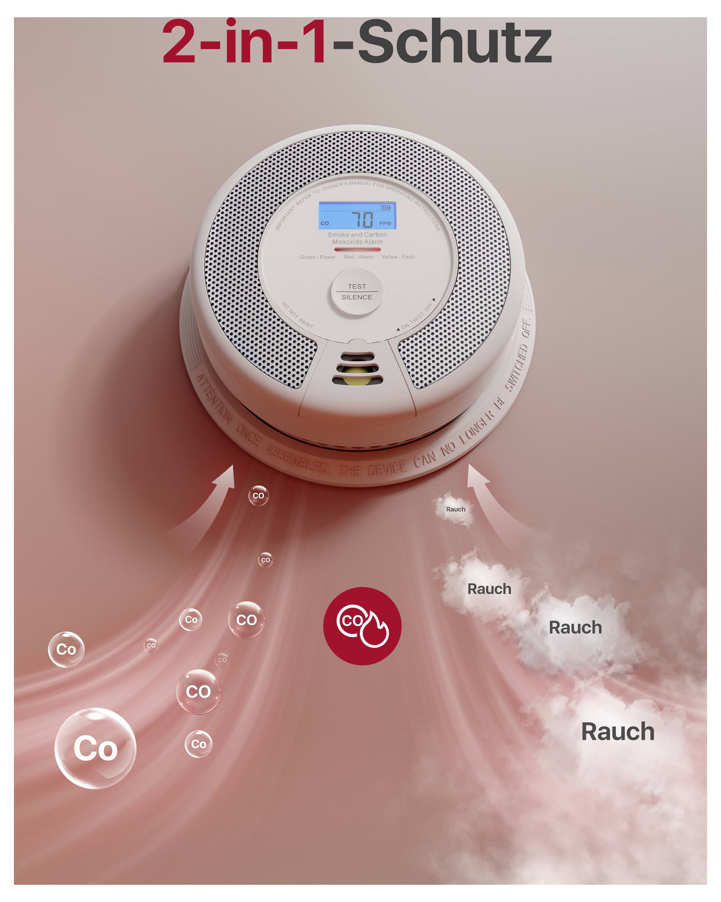 Rauch- und Kohlenmonoxidmelder zeigt 70 ppm CO, Pfeile und Symbole veranschaulichen Schutzwirkung. Text '2-in-1-Schutz' oben.