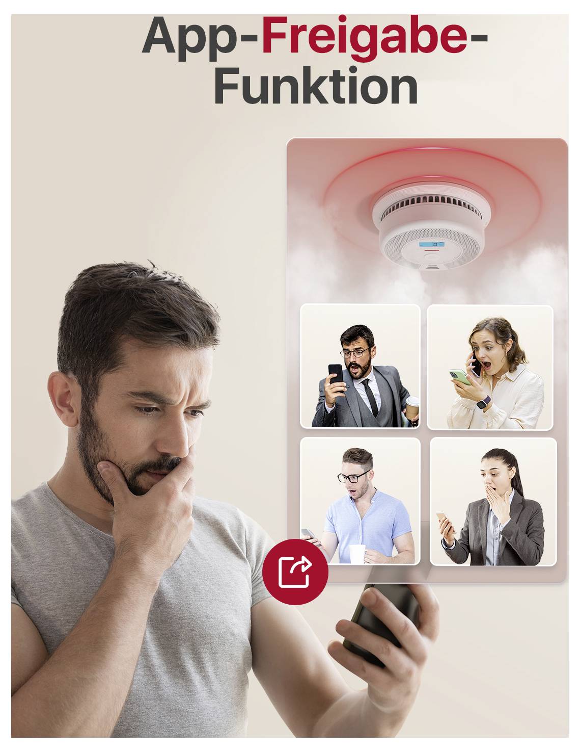 Ein Mann schaut nachdenklich auf ein Smartphone. Oben sind Bilder von Menschen, die auf Rauch reagieren. Text: 'App-Freigabe-Funktion'.