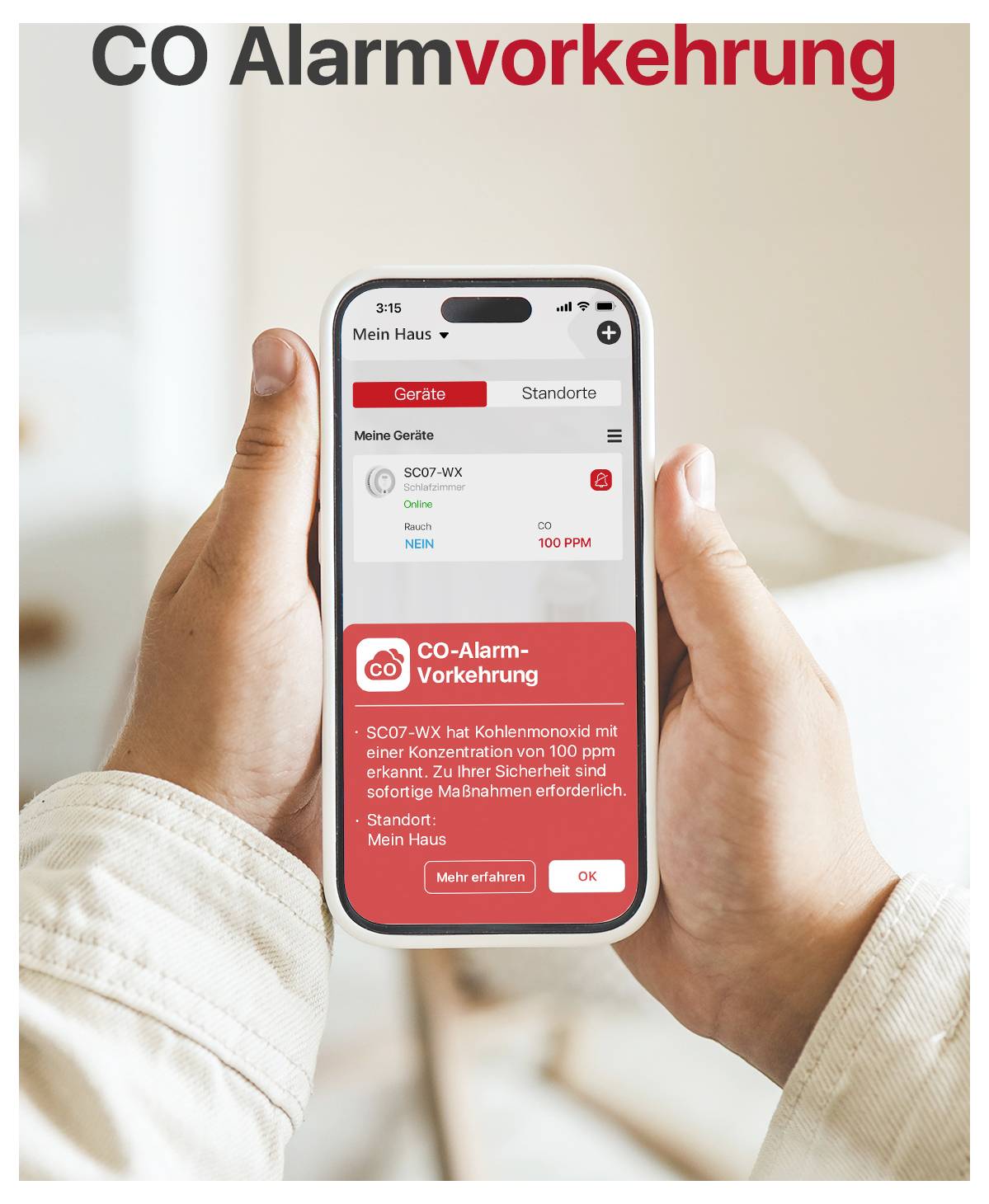 Eine Person hält ein Smartphone mit einer Warnmeldung: 'CO-Alarmvorkehrung', zeigt erhöhte Kohlenmonoxidkonzentration von 100 ppm.