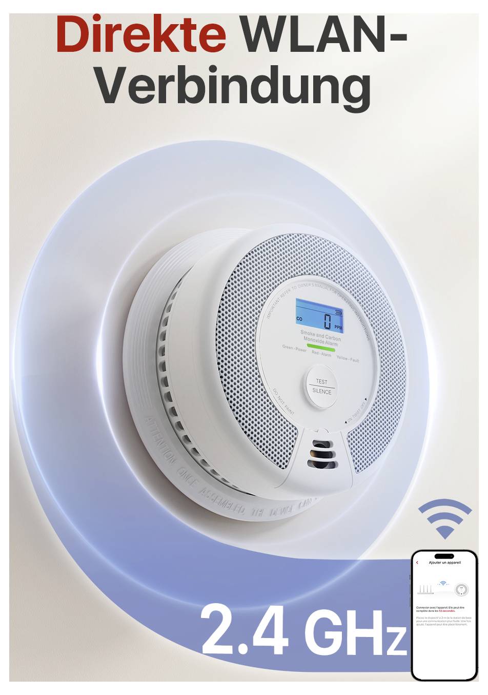 Rauchmelder mit digitalem Display zeigt WLAN-Verbindung bei 2.4 GHz an. Text 'Direkte WLAN-Verbindung'. Handy-Symbol unten rechts.