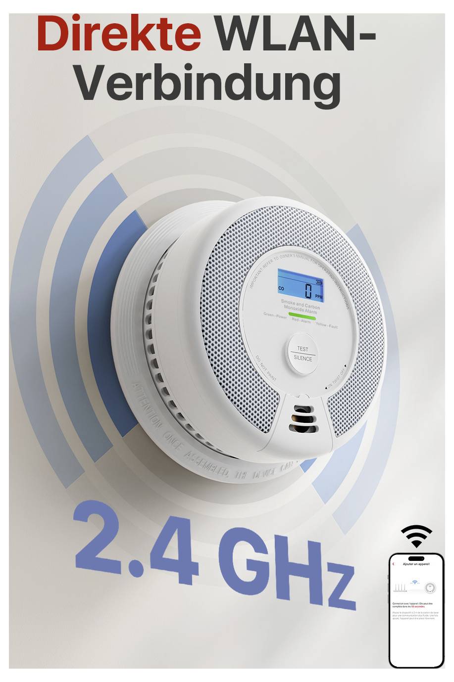 Ein Rauchmelder mit WLAN-Konnektivität zeigt 'Direkte WLAN-Verbindung' und '2.4 GHz'. Ein kleineres Bild zeigt eine WLAN-App.