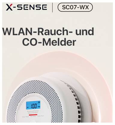 WLAN-Rauch- und CO-Melder, Modell SC07-WX, an einer Wand montiert. Zeigt ein digitales Display mit der Zahl '100'.