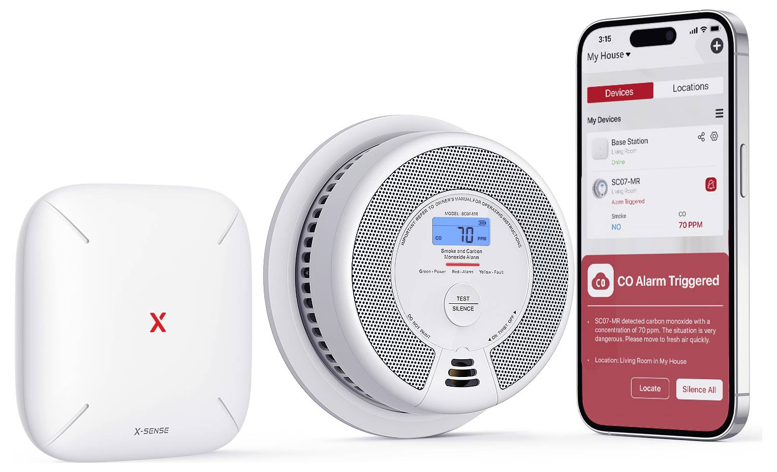 Smart-Home-Sicherheitsgeräte: ein Rauchmelder, eine Kohlenmonoxid-Alarmanlage, die 70 ppm anzeigt, und eine Smartphone-App, die „CO-Alarm ausgelöst