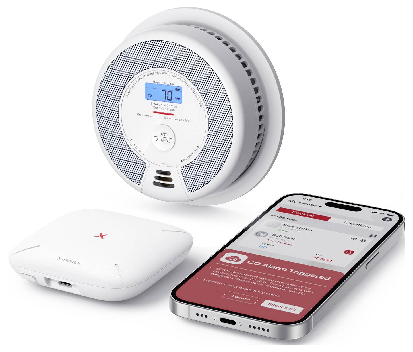 Ein Hausschutzsystem mit einem Rauchmelder, einem Gateway-Gerät und einer Smartphone-App, die einen 