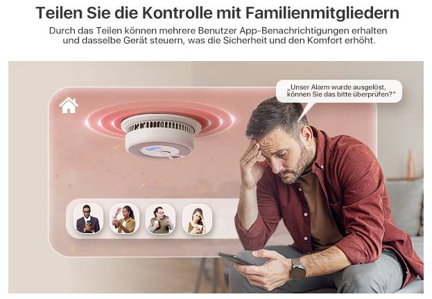 Ein Mann überprüft eine Benachrichtigung auf seinem Handy von einem Rauchmelder, mit der Option, Kontrolle zu teilen.