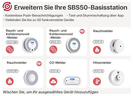 'Erweitern Sie Ihre SBS50-Basisstation' zeigt Rauch- und Kohlenmonoxid-Melder-Auswahl. Informationen zur Verbindung und App-Steuerung.