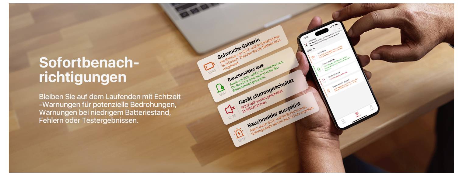Person hält ein Smartphone mit Benachrichtigungen: 'Schwache Batterie', 'Gerät ist stromsparend', 'Ergebnisse sind verfügbar'. Context: Sicherheit und Energieüberwachung.