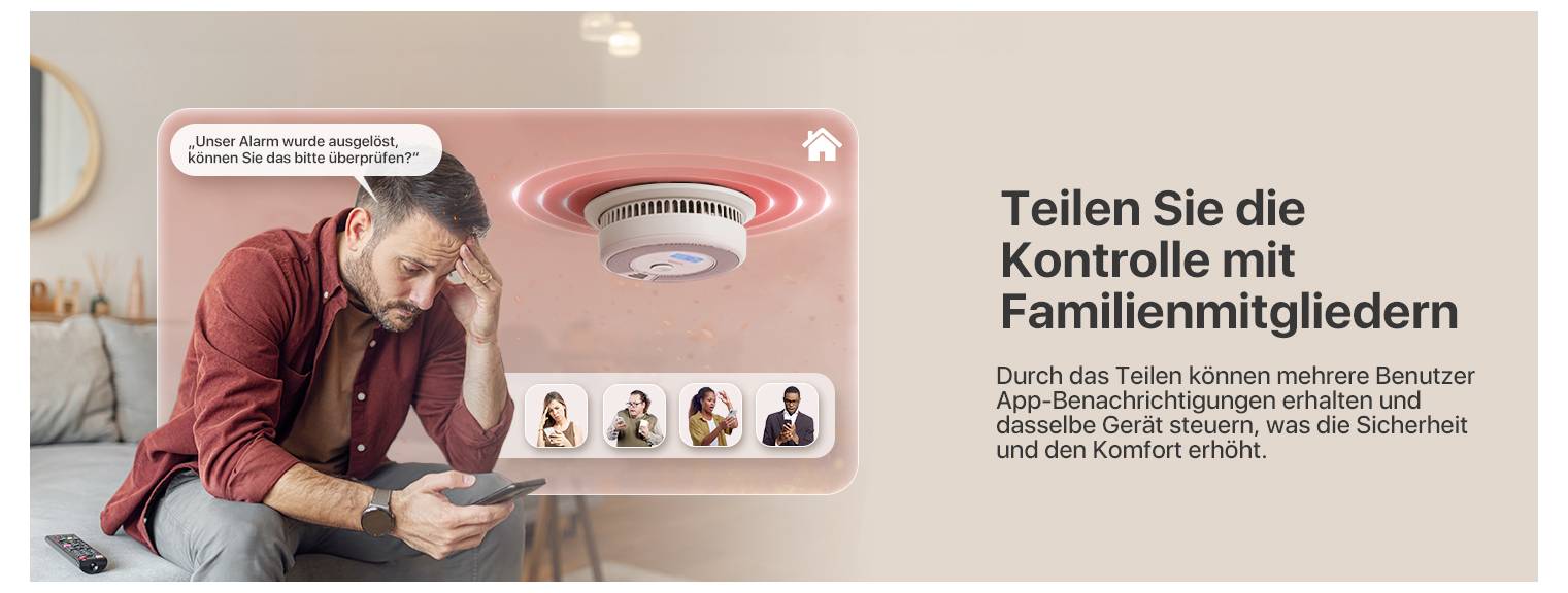 Ein Mann mit Smartphone, Rauchmelderbild, Profilbilder unten. Text: 'Teilen Sie die Kontrolle mit Familienmitgliedern'.