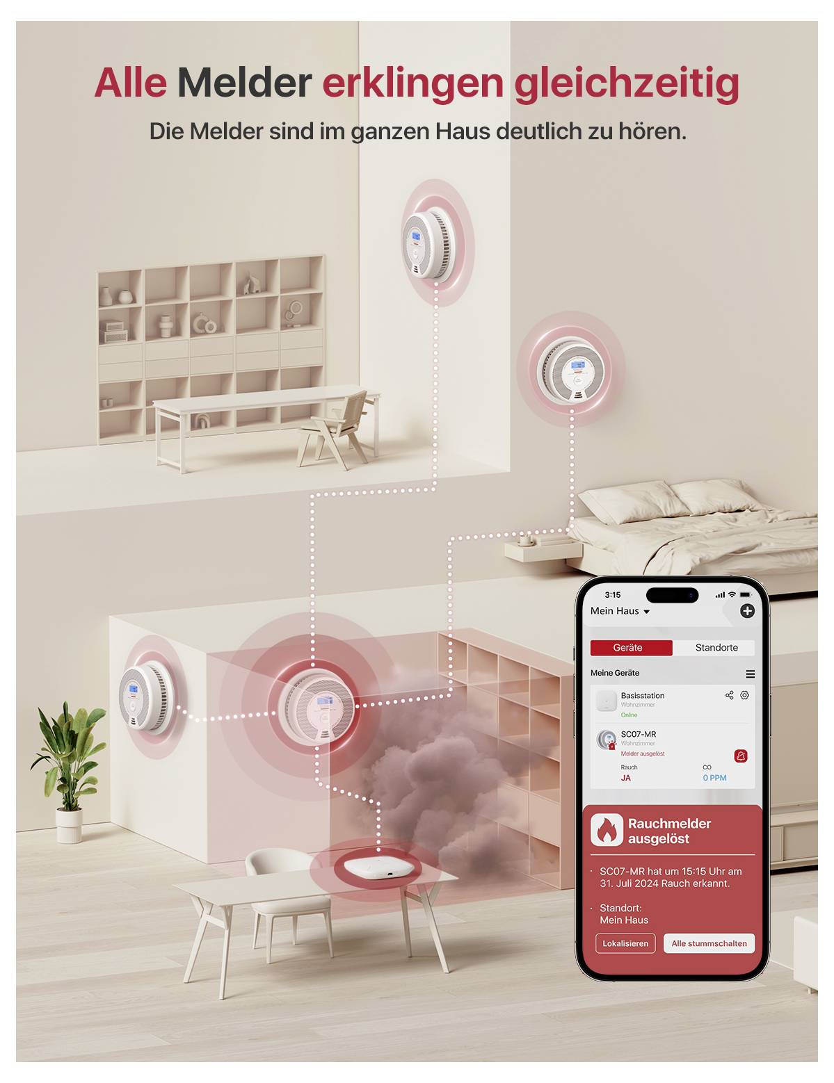 'Alle Melder erklingen gleichzeitig': Illustration eines Hauses mit Rauchmeldern, verbunden mit einer App auf einem Smartphone.
