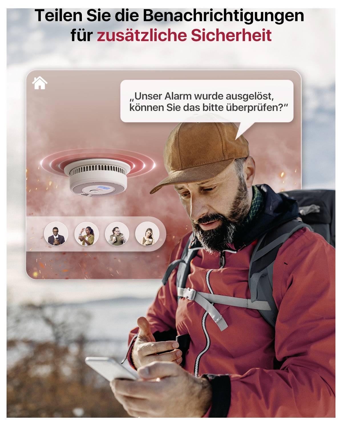 Ein Mann überprüft sein Smartphone. Der Bildschirm zeigt eine Rauchmelder-Benachrichtigung mit der Frage, ob der Alarm überprüft werden kann.