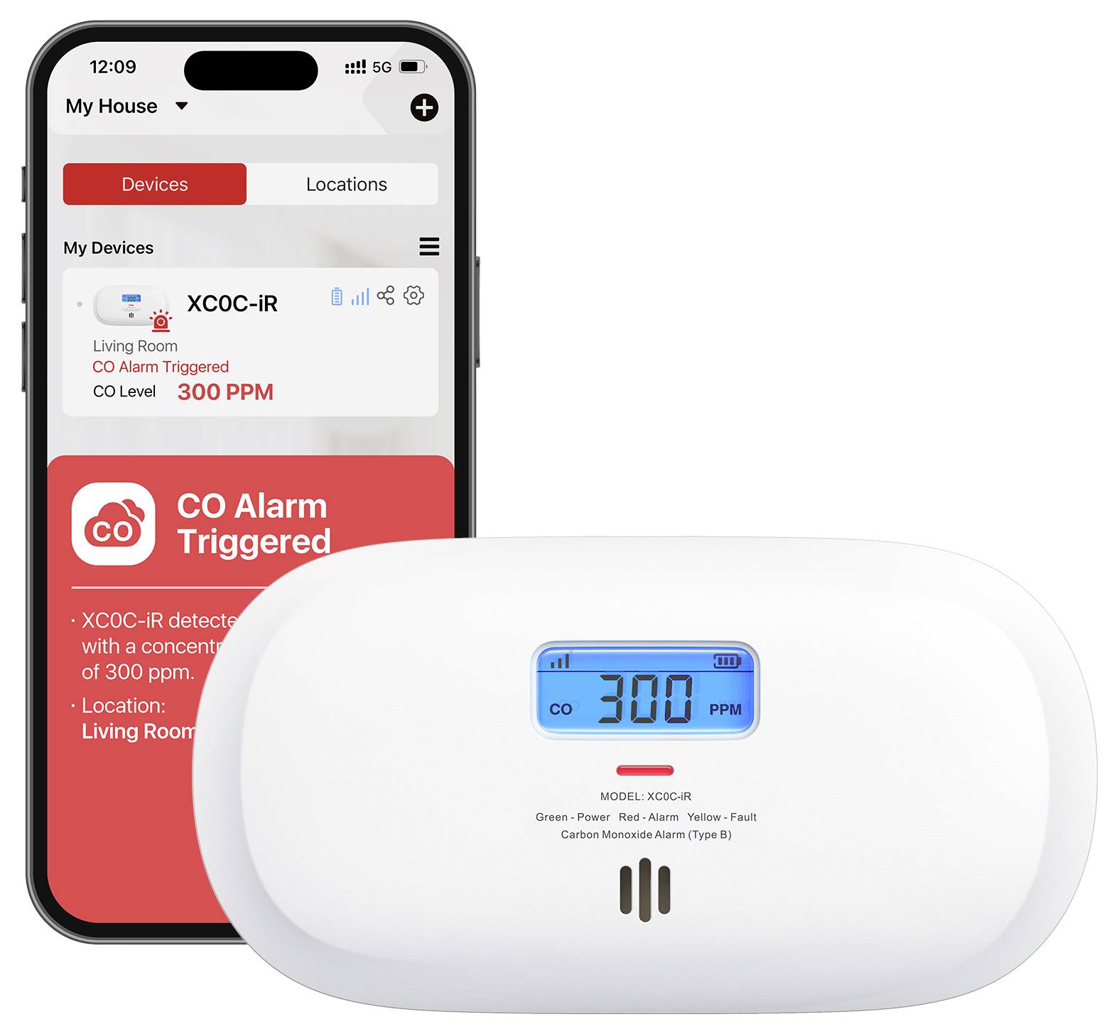 Ein Smartphone zeigt eine CO-Alarm-App an, auf der „CO-Alarm ausgelöst