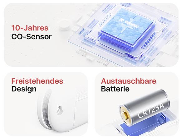 Ein Bild zeigt einen Rauchmelder mit 10-Jahres-CO-Sensor, freistehendem Design und austauschbarer Batterie vom Typ CR123A.