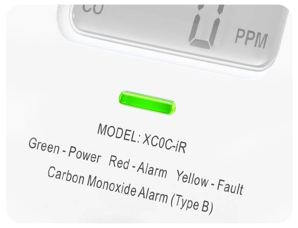 Ein Kohlenmonoxidmelder zeigt einen grünen Betriebsstatus an. Das Display oben zeigt '0 PPM', was keine Kohlendioxidkonzentration bedeutet.