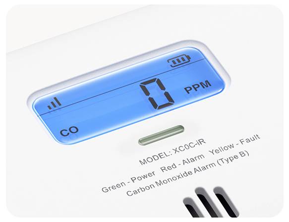 Kohlenmonoxidmelder mit blauem Display, zeigt '0 PPM' an. Etikett darunter: 'Green - Power, Red - Alarm, Yellow - Fault'.