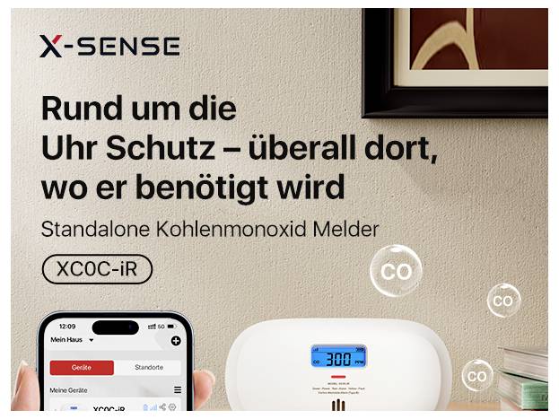 'Rund um die Uhr Schutz – überall dort, wo er benötigt wird.' zeigt ein CO-Meldergerät und eine Handy-App, die den Sicherheitszustand anzeigen.