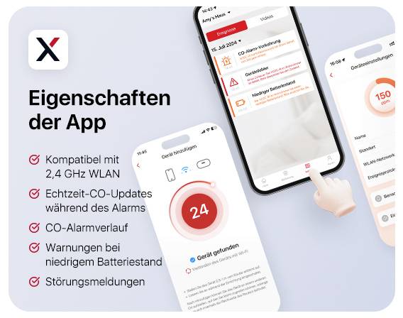 App-Eigenschaften: Kompatibel mit 2,4 GHz WLAN. Echtzeit-CO-Updates während Alarme. Warnungen bei niedrigem Batteriestand. Störungsmeldungen.