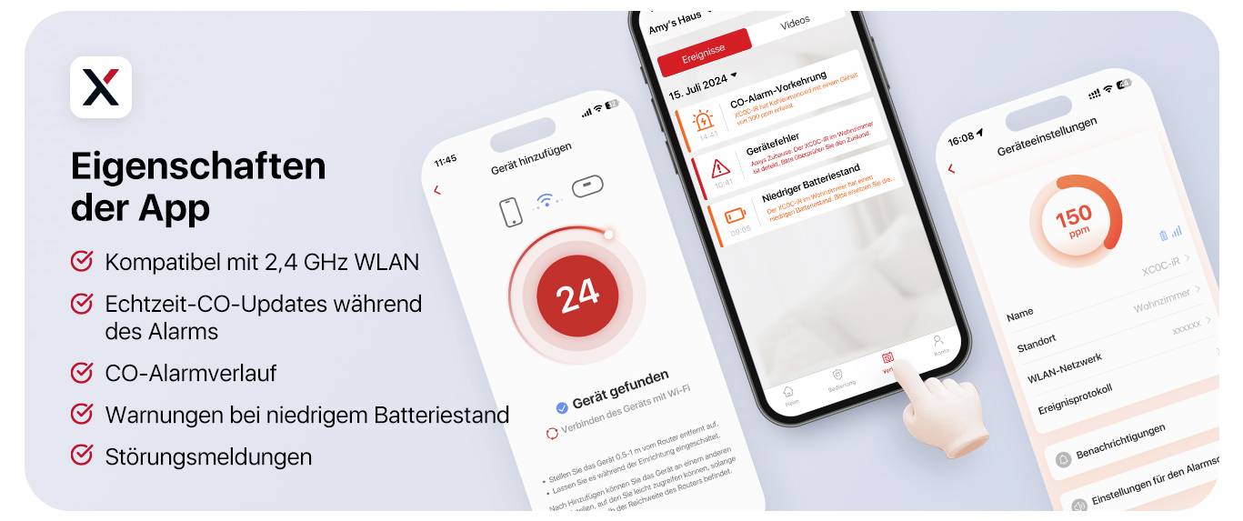 App-Eigenschaften: Kompatibilität mit 2,4 GHz WLAN, Echtzeit-CO-Updates, CO-Alarmverlauf, Batterie-Warnungen, Störungsmeldungen.