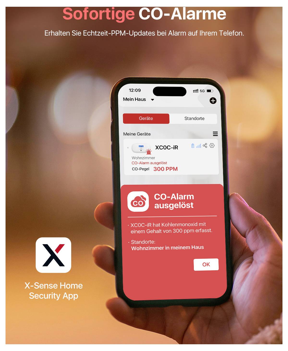 'Sofortige CO-Alarme' auf dem Smartphone-Bildschirm angezeigt. X-sense Home Security App zeigt aktuellen CO-Gehalt und Alarm.