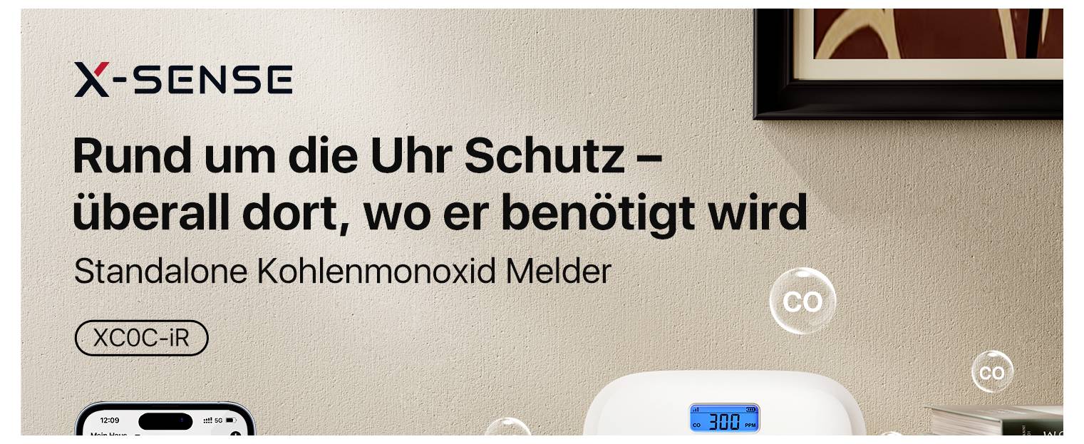 'X-Sense Rund um die Uhr Schutz – überall dort, wo er benötigt wird. Standalone Kohlenmonoxid Melder XC0C-IR' mit Abbildung eines Melders.