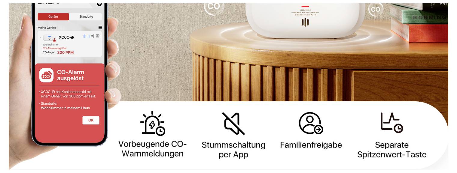 Ein Smartphone zeigt eine CO-Warnmeldung 'CO-Alarm ausgelöst'. Darunter Symbole: CO-Warnmeldungen, Stummschaltung, Familienfreigabe, Spitzenwert-Taste.
