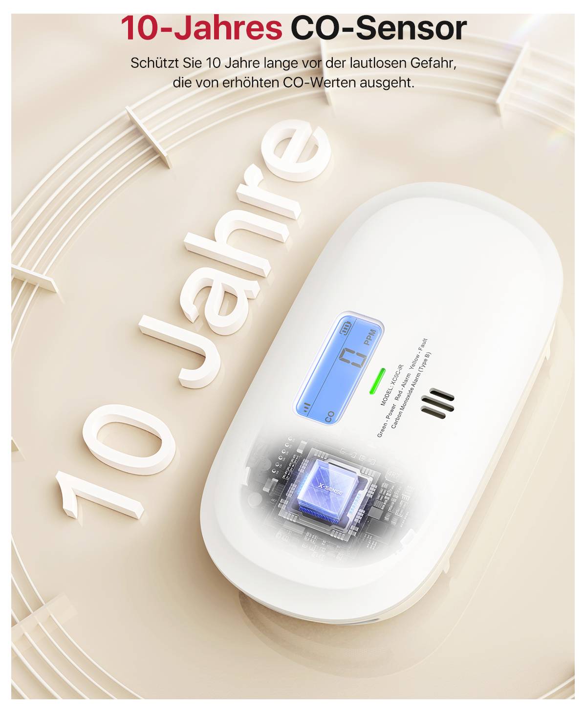 Der CO-Sensor schützt 10 Jahre vor der Gefahr erhöhter CO-Werte. Bild zeigt Sensor mit Datendisplay und Schaltkreis.
