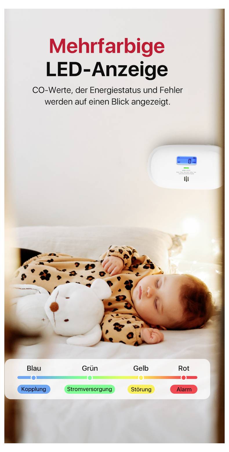 Ein schlafendes Kind hält ein Stofftier. Daneben ein Gerät mit mehrfarbiger LED-Anzeige zur Anzeige von CO-Werten und Energiezustand.