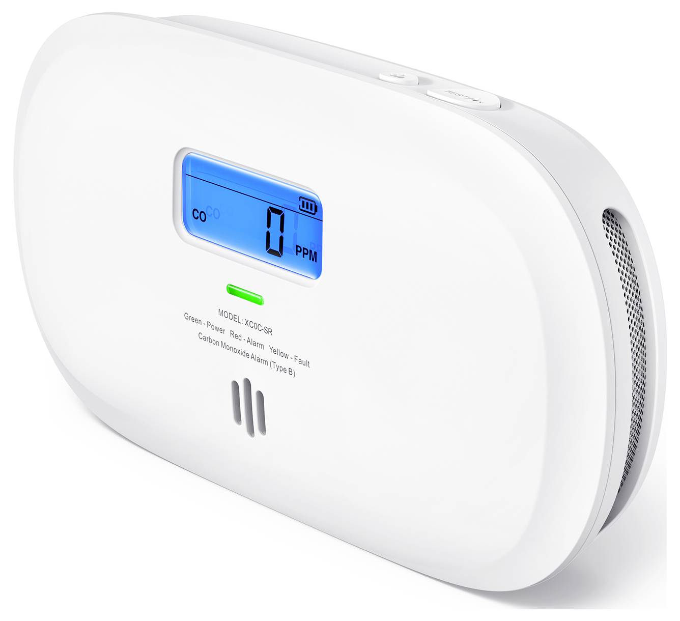 Ein Kohlenmonoxidmelder mit digitaler Anzeige, die „0 PPM