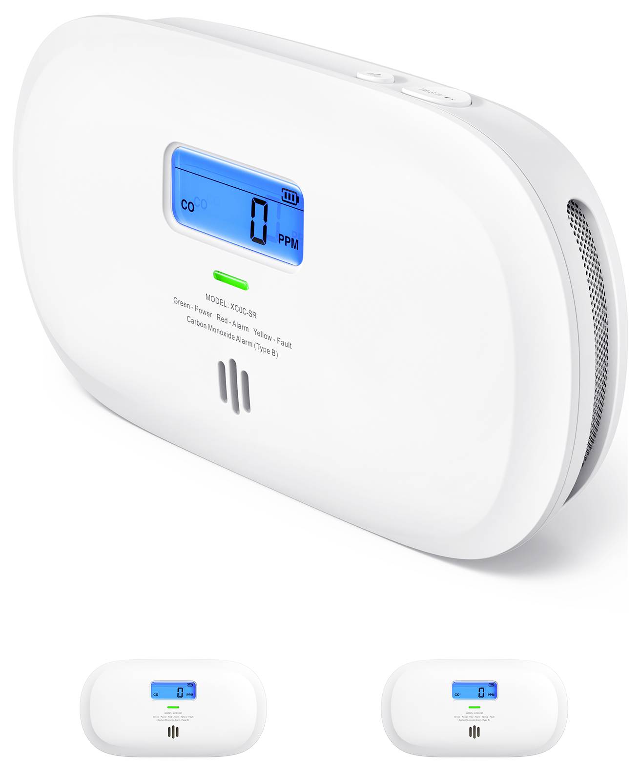 Kohlenmonoxid-Alarm zeigt 0 ppm auf einem digitalen Display an, was angibt, dass kein Kohlenmonoxid vorhanden ist. Weiße Gehäuse, zur Wandmontage ausgelegt.