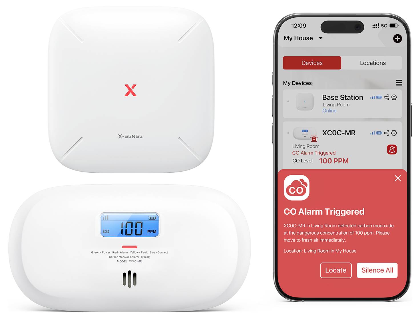 Zwei X-Sense-Geräte: eine quadratische Basisstation und ein runder CO-Melder mit der Anzeige „100 PPM