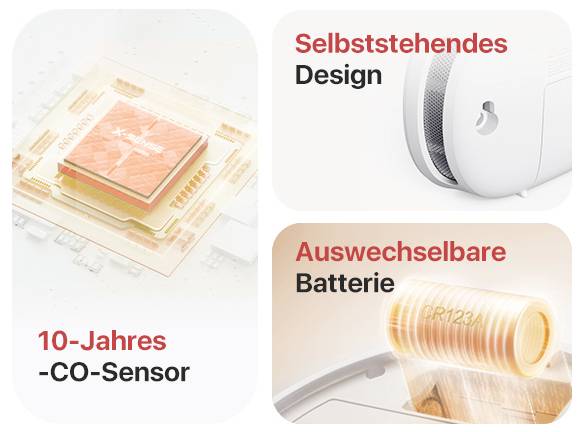 '10-Jahres-CO-Sensor', 'Selbststehendes Design' und 'Auswechselbare Batterie' sind die Hauptmerkmale eines Rauchmelders in der Abbildung.