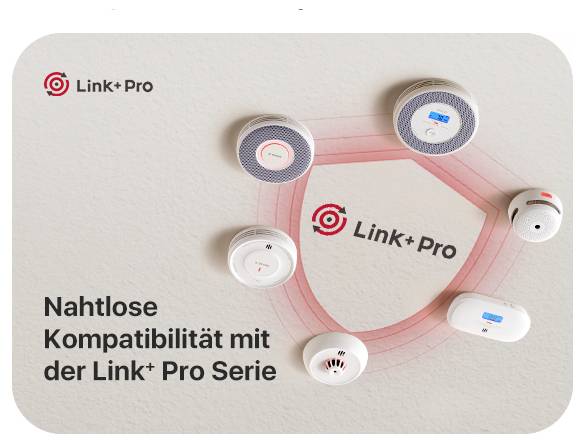 Mehrere vernetzte Rauch- und Kohlenmonoxidmelder der Link+ Pro Serie, die nahtlose Kompatibilität und Schutz bieten.