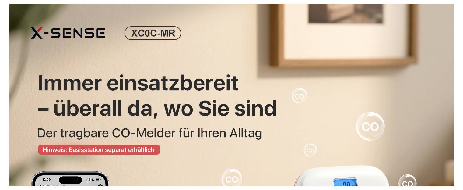 Tragbarer Kohlenmonoxid-Melder mit der Aufschrift: 'Immer einsatzbereit – überall da, wo Sie sind'. Hinweis: Basisstation separat erhältlich.