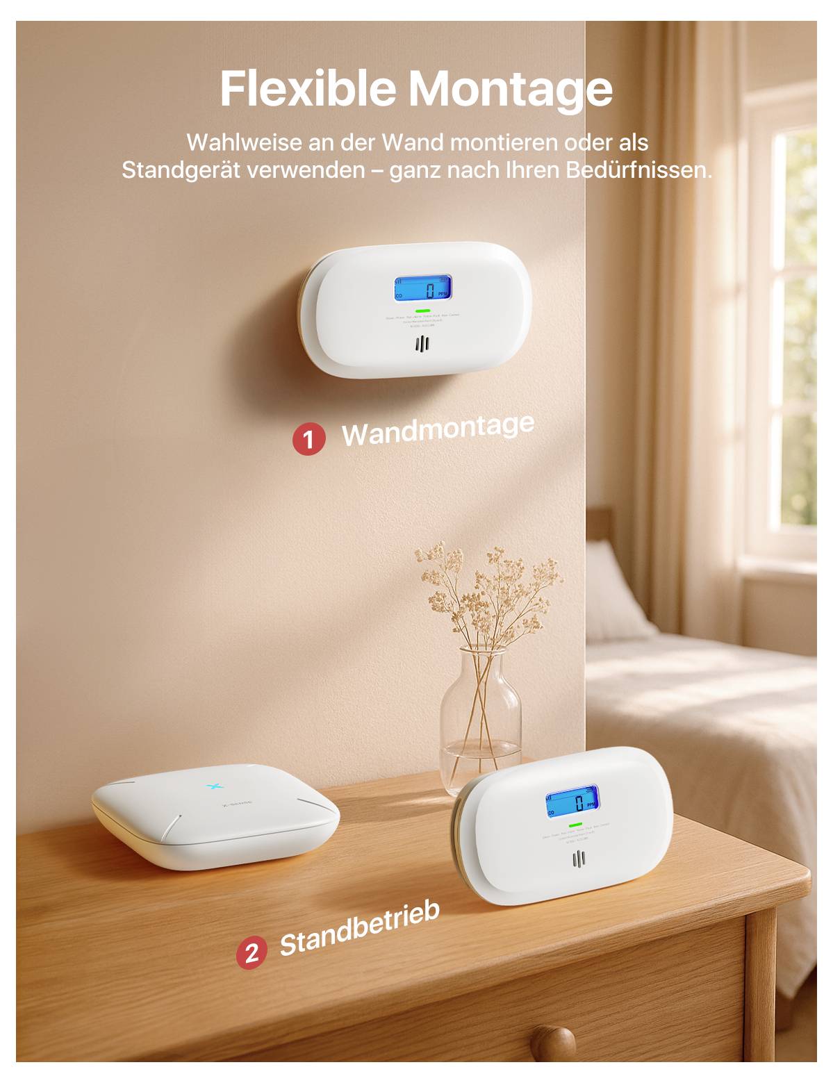 Flexible Montage: Wandmontage oder Standbetrieb eines weißen Geräts mit blauem Display in einem Schlafzimmer.