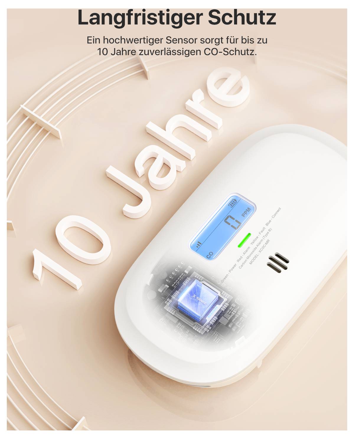 Ein CO-Melder mit der Aufschrift '10 Jahre'. Text oben: 'Langfristiger Schutz' und Beschreibung eines Sensors für zuverlässigen CO-Schutz.
