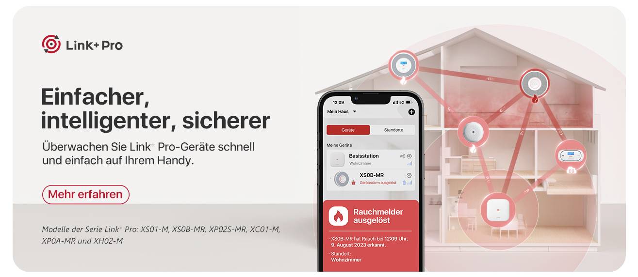 Eine Smartphone-App überwacht das Feuermeldesystem eines Hauses. Der Text lautet „Einfacher, intelligenter, sicherer