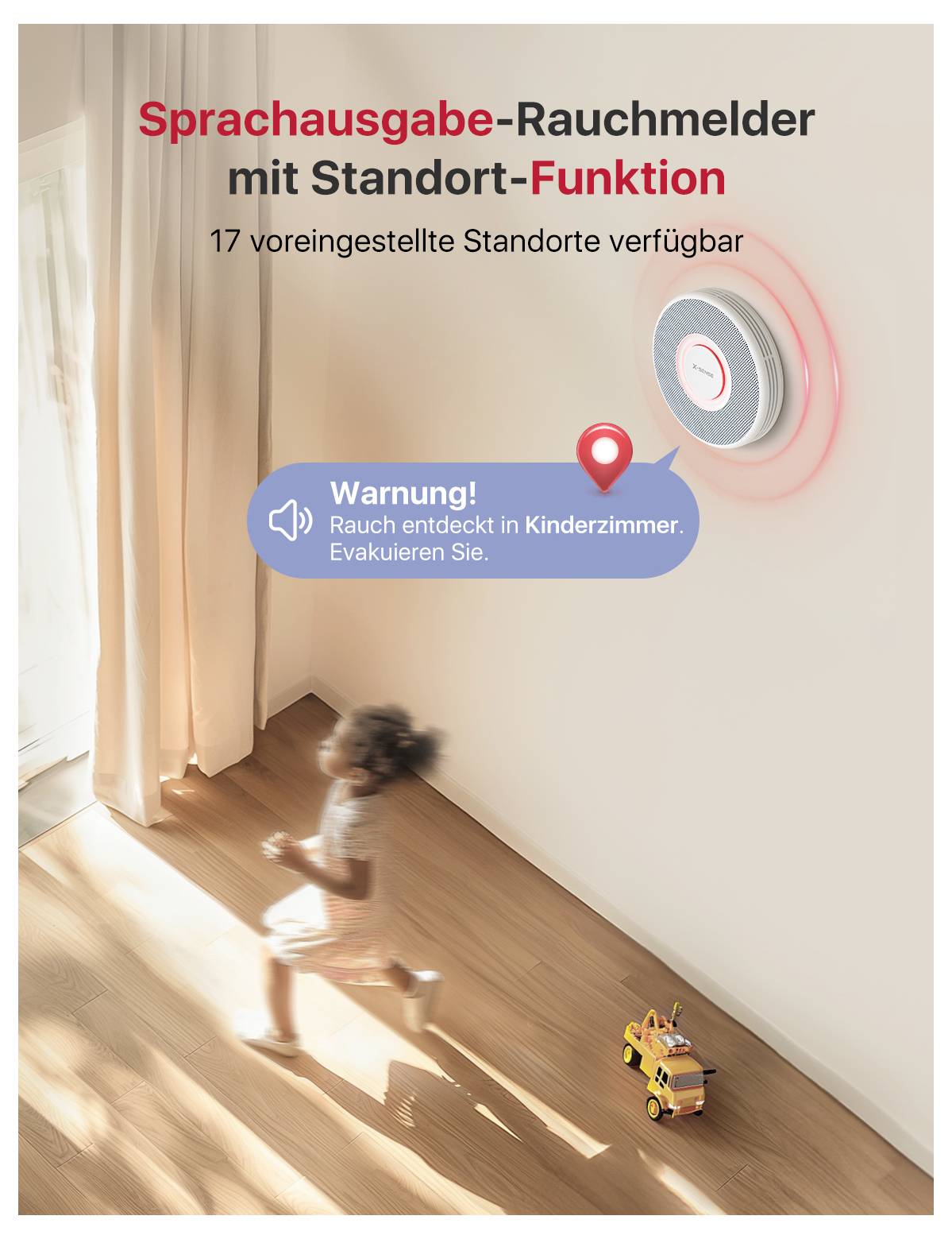 Kind läuft in Innenräumen neben einem an der Wand montierten Rauchmelder, der ein rotes Licht abgibt. Deutscher Text warnt vor Rauchentwicklung im Kinderzimmer.
