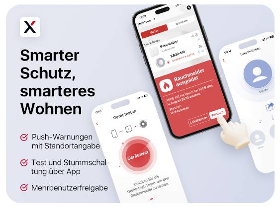 Drei Smartphone-Bildschirme zeigen eine App für Rauchmelder-Überwachung. Links: Test-Optionen, Mitte: Warnung, Rechts: Benutzerprofil.