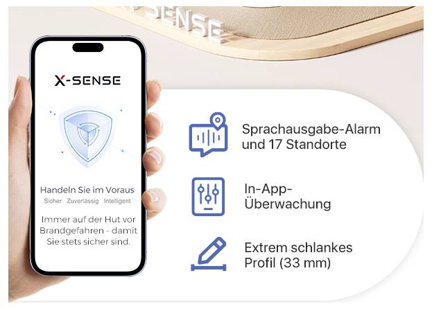 Ein Smartphone zeigt eine App mit 'X-Sense' und Text 'Handeln Sie im Voraus'. Daneben Infos: Sprachalarm, In-App-Überwachung, schlankes Profil.