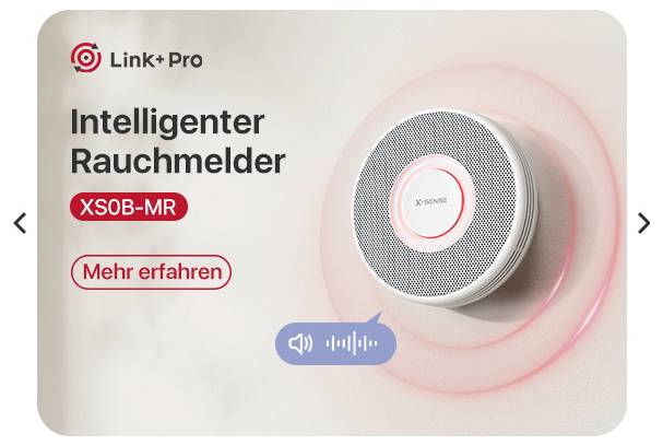 'Intelligenter Rauchmelder XSOB-MR von Link-Pro. An der Wand montiert, zeigt Sicherheitsfunktionen an. Schaltfläche 