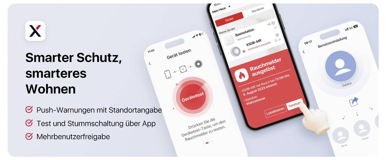 Drei Smartphones mit Rauchmelder-App, die Warnungen senden und Benachrichtigungen anzeigen. Text: Smarter Schutz, smarteres Wohnen.