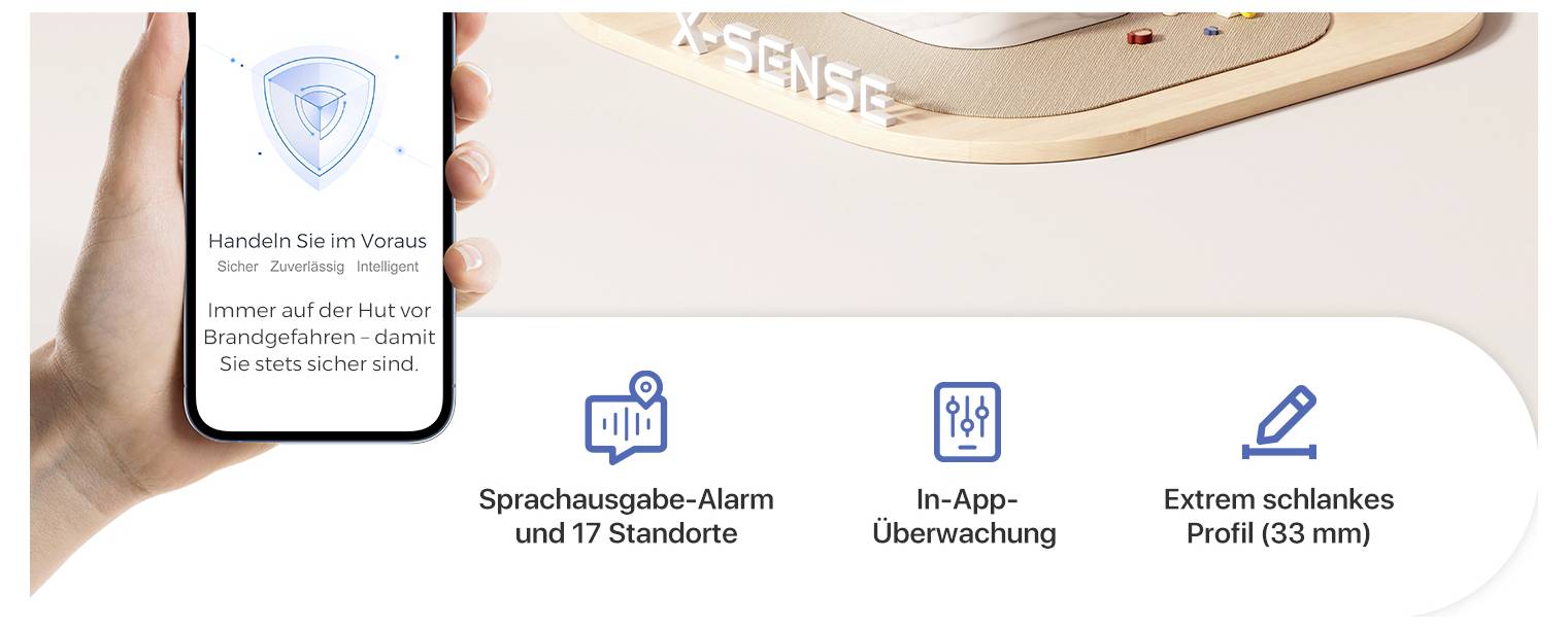 Ein Smartphone-Bildschirm zeigt 'Handeln Sie im Voraus' mit blauer Ikone. Drei Symbole unten erläutern Funktionen: Sprachalarm, Überwachung, schlankes Profil.