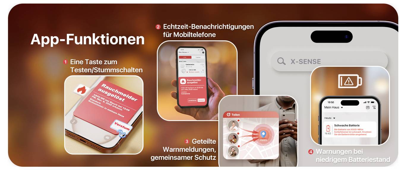 Mehrere Smartphone-Screens zeigen App-Funktionen: Echtzeit-Benachrichtigungen, Test/Stummschalten, gemeinsame Warnmeldungen, Batterie-Warnungen.