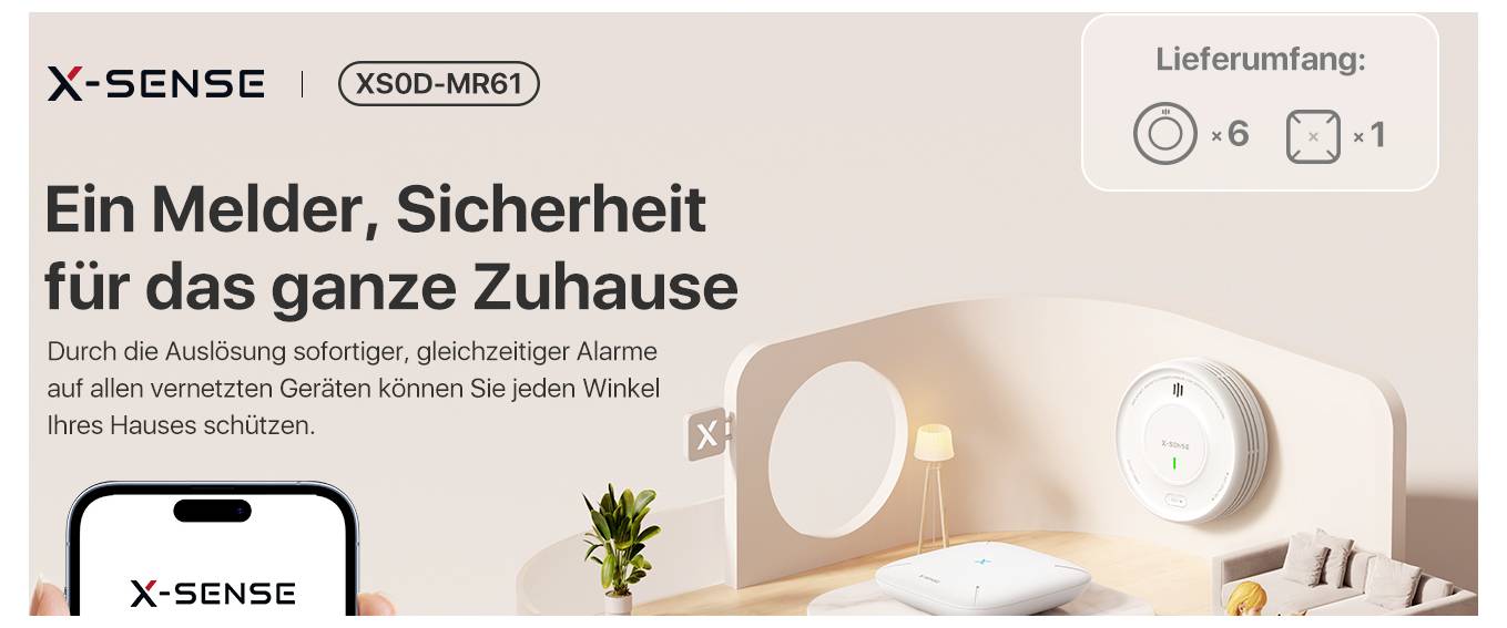 Beige Werbebanner für X-Sense Rauchmelder mit Smartphone-App. Text 'Ein Melder, Sicherheit für das ganze Zuhause'. Lieferumfang: 6 Detektoren, 1 Funkmodul.