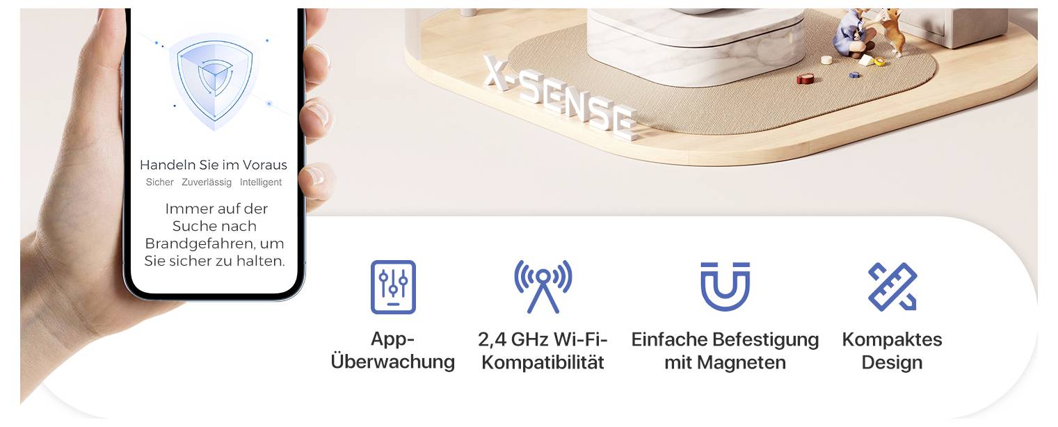 Hand mit Smartphone zeigt 'Handeln Sie im Voraus' und Infos zur Brandsicherheit. Symbole darunter: App-Überwachung, WLAN, Magnetbefestigung, kompaktes Design.
