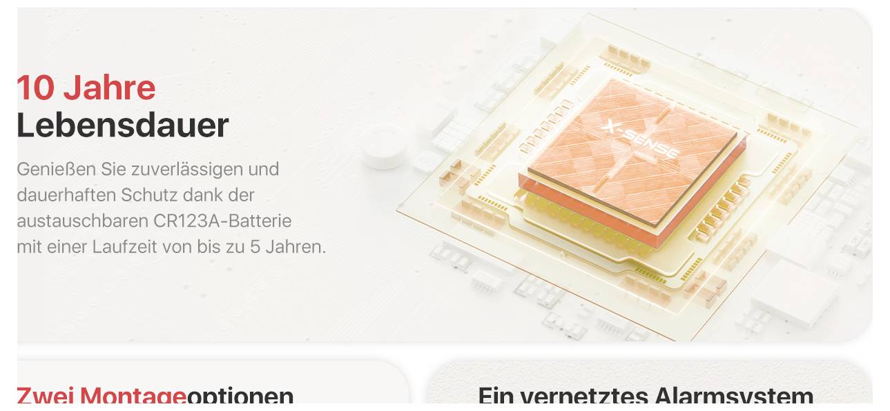 '10 Jahre Lebensdauer. Genießen Sie zuverlässigen und dauerhaften Schutz dank der austauschbaren CR123A-Batterie mit einer Laufzeit von bis zu 5 Jahren.' Text neben einem Batterie-Chip.