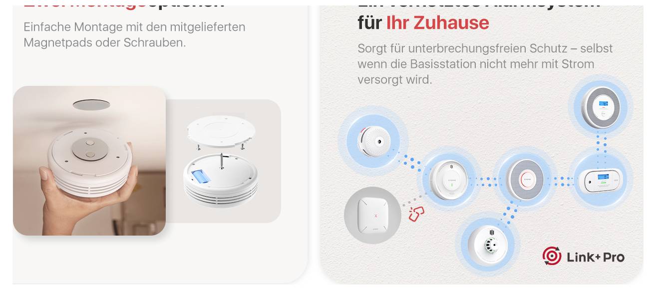 Rauchmelder wird mit Magnetpads an der Decke befestigt. Rechts: Diagramm zeigt Vernetzung der Geräte für unterbrechungsfreien Schutz.