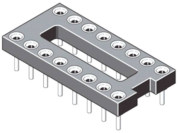 Isometrische Zeichnung eines rechteckigen Metallsockels oder IC-Adapters mit zwei Reihen von Stiftlöchern und mehreren hervorstehenden Stiften an der Unterseite.