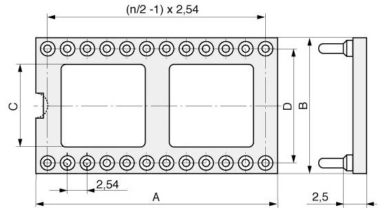Technische Zeichnung einer rechteckigen Dichtung oder Platte mit zwei großen Ausschnitten, Reihen von Schraubenlöchern und gekennzeichneten Abmessungen A, B, C, D, n, 2,54 und 2,5.