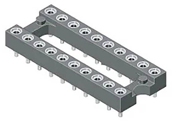 Ein graues IC-Gehäuse mit 16 kreisförmigen Stiftlöchern, angeordnet in zwei parallelen Reihen, verwendet zum Verbinden von elektronischen Komponenten mit einer Leiterplatte.